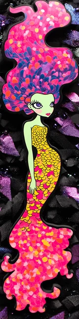 Free mermaid bookmark showing a mermaid in a drawn pink dress